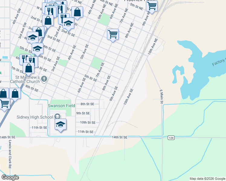 map of restaurants, bars, coffee shops, grocery stores, and more near 506 9th Avenue Southeast in Sidney