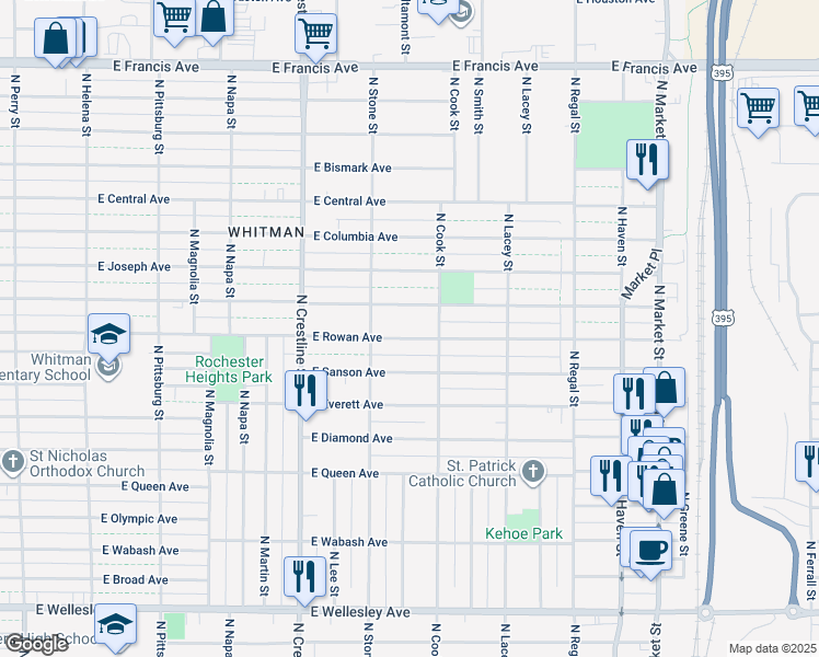 map of restaurants, bars, coffee shops, grocery stores, and more near 2324 East Rowan Avenue in Spokane