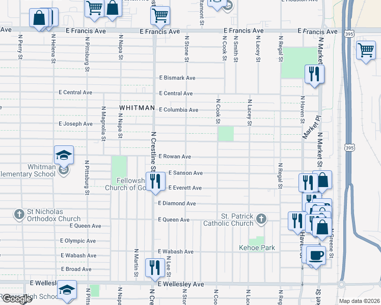 map of restaurants, bars, coffee shops, grocery stores, and more near 2324 East Rowan Avenue in Spokane