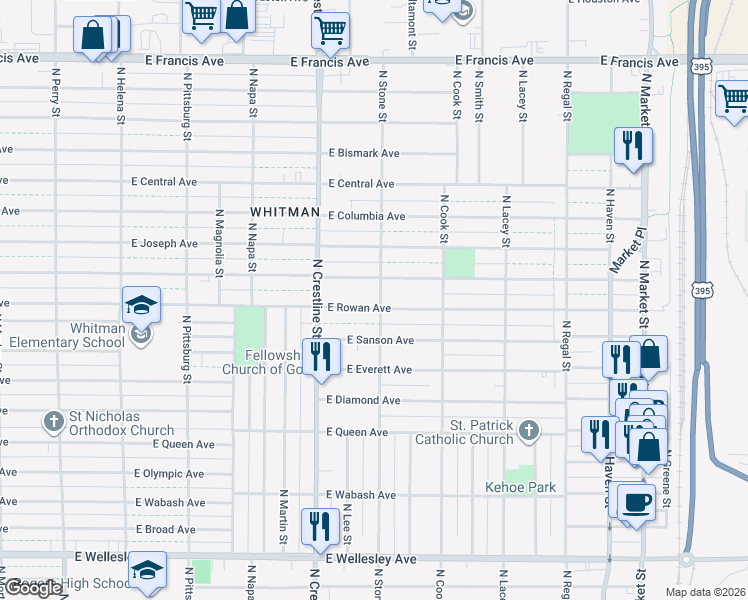 map of restaurants, bars, coffee shops, grocery stores, and more near 2224 East Rowan Avenue in Spokane
