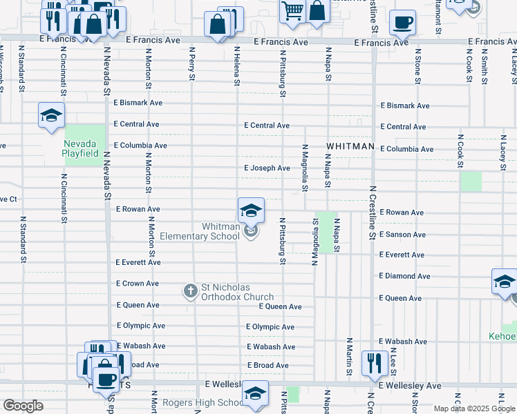 map of restaurants, bars, coffee shops, grocery stores, and more near 1648 East Rowan Avenue in Spokane