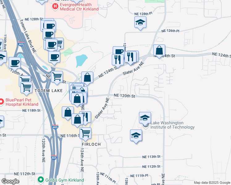 map of restaurants, bars, coffee shops, grocery stores, and more near 12715 Northeast 120th Street in Kirkland