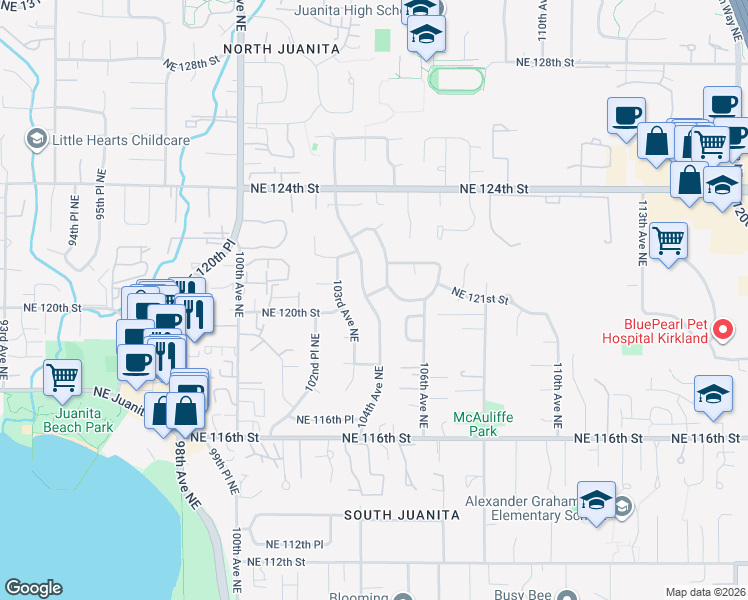 map of restaurants, bars, coffee shops, grocery stores, and more near 11849 104th Avenue Northeast in Kirkland
