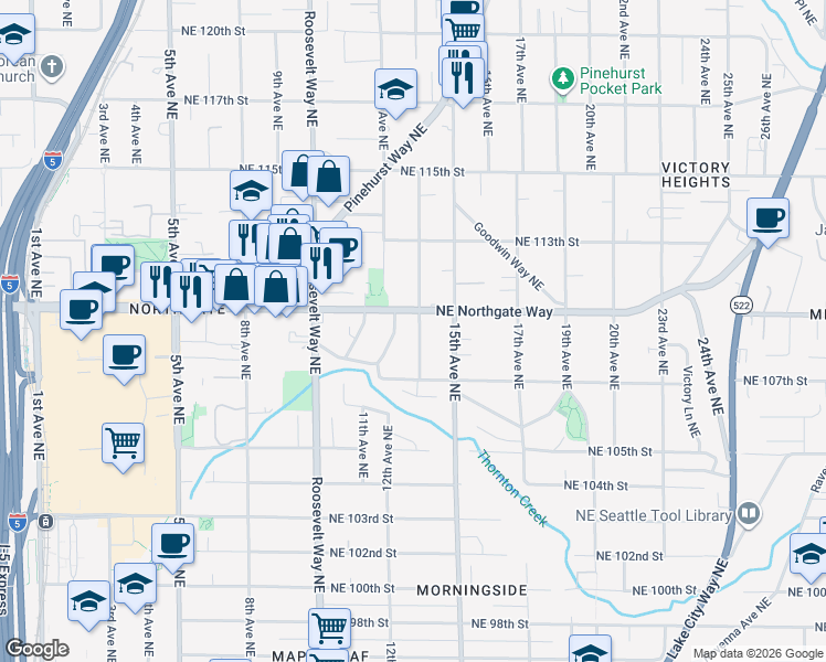 map of restaurants, bars, coffee shops, grocery stores, and more near 10816 12th Avenue Northeast in Seattle