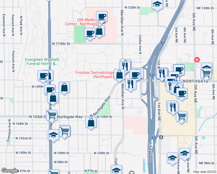 map of restaurants, bars, coffee shops, grocery stores, and more near 1811 North Northgate Way in Seattle