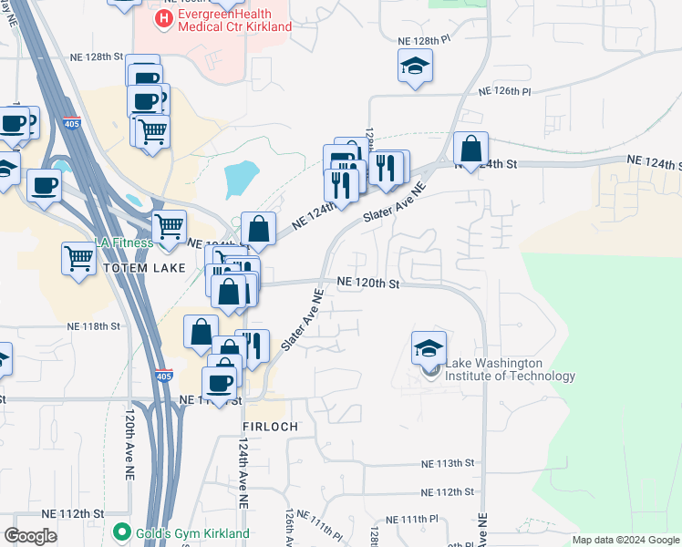 map of restaurants, bars, coffee shops, grocery stores, and more near 12715 Northeast 120th Street in Kirkland