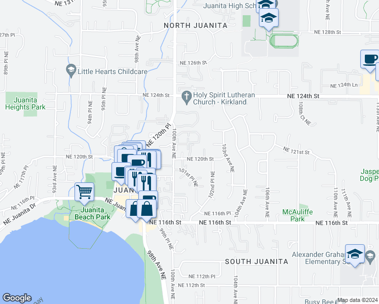 map of restaurants, bars, coffee shops, grocery stores, and more near 10023 Northeast 120th Street in Kirkland