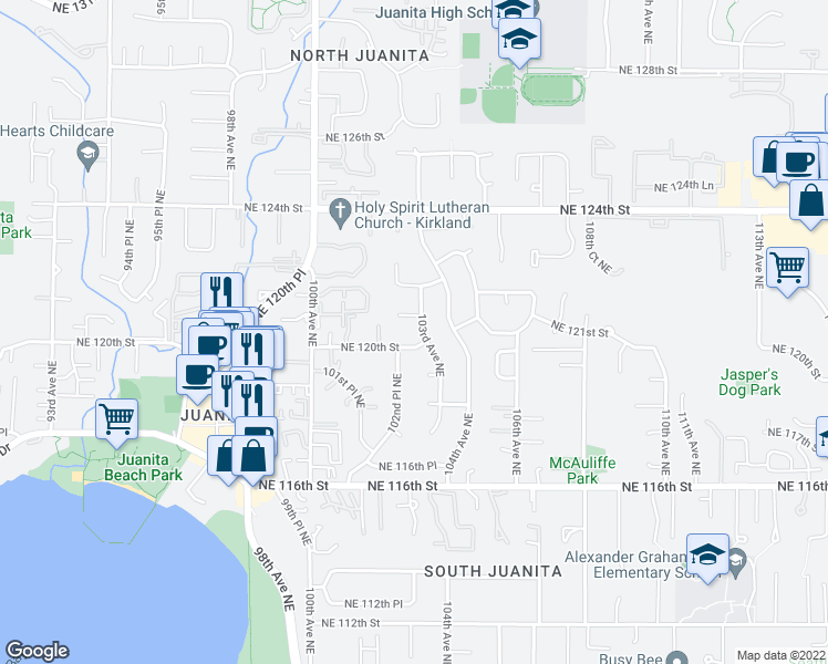 map of restaurants, bars, coffee shops, grocery stores, and more near 10241 Northeast 120th Street in Kirkland