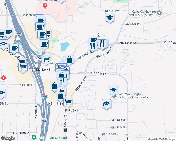 map of restaurants, bars, coffee shops, grocery stores, and more near 12016 Slater Avenue Northeast in Kirkland