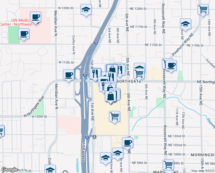 map of restaurants, bars, coffee shops, grocery stores, and more near 401 Northeast Northgate Way in Seattle