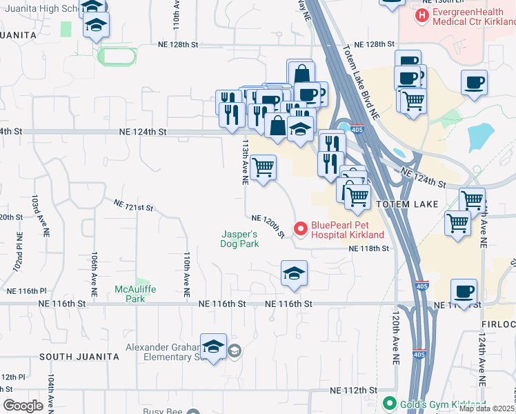 map of restaurants, bars, coffee shops, grocery stores, and more near 11327 Northeast 120th Street in Kirkland