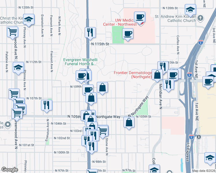 map of restaurants, bars, coffee shops, grocery stores, and more near 10740 Stone Avenue North in Seattle