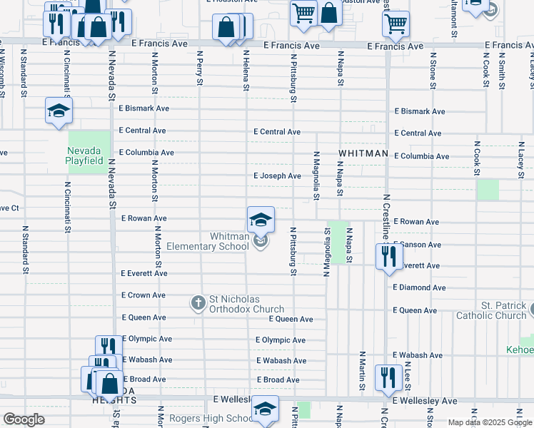 map of restaurants, bars, coffee shops, grocery stores, and more near 1648 East Rowan Avenue in Spokane