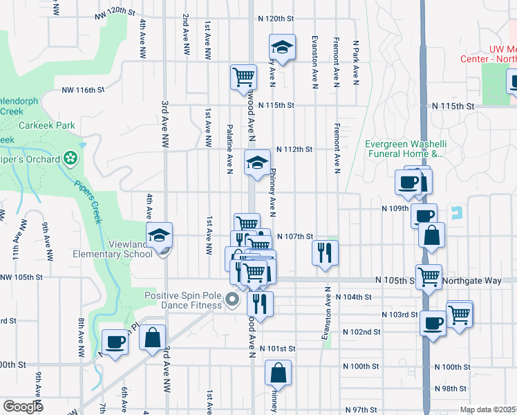 map of restaurants, bars, coffee shops, grocery stores, and more near 10718 Greenwood Avenue North in Seattle