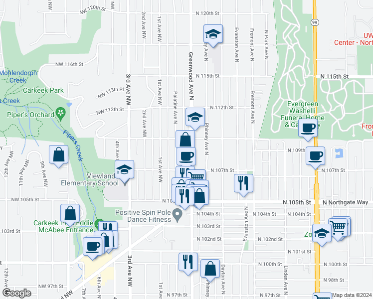 map of restaurants, bars, coffee shops, grocery stores, and more near 10722 Palatine Avenue North in Seattle