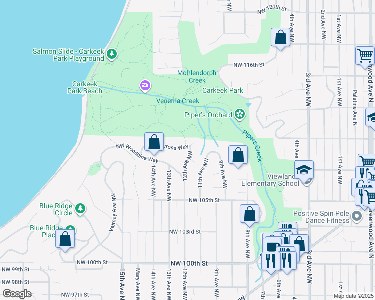 map of restaurants, bars, coffee shops, grocery stores, and more near 10729 12th Avenue Northwest in Seattle