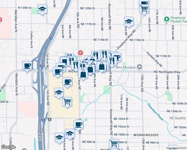 map of restaurants, bars, coffee shops, grocery stores, and more near 525 Northeast Northgate Way in Seattle