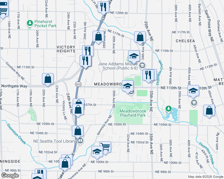 map of restaurants, bars, coffee shops, grocery stores, and more near 10749 30th Avenue Northeast in Seattle