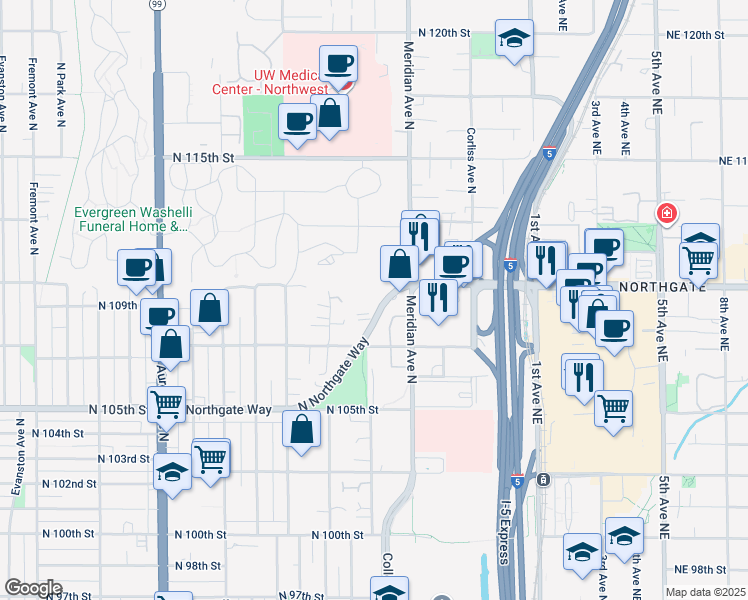 map of restaurants, bars, coffee shops, grocery stores, and more near 1811 North Northgate Way in Seattle