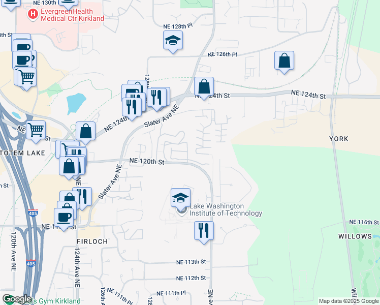 map of restaurants, bars, coffee shops, grocery stores, and more near in Kirkland