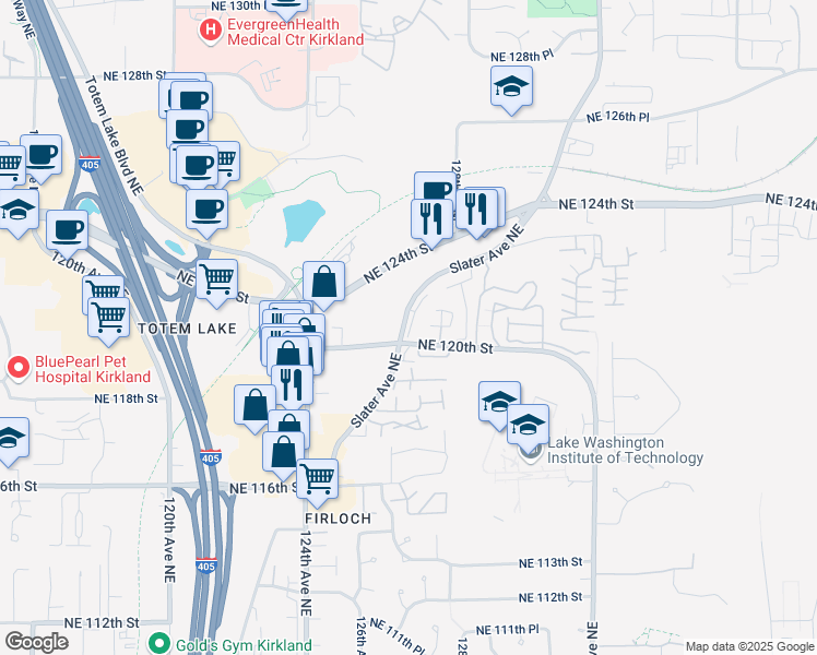 map of restaurants, bars, coffee shops, grocery stores, and more near 11930 Slater Avenue Northeast in Kirkland