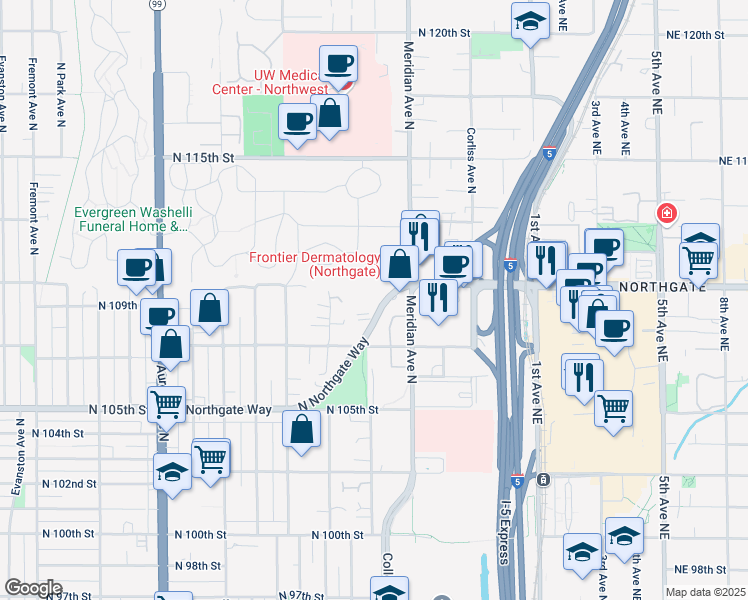 map of restaurants, bars, coffee shops, grocery stores, and more near 1811 North Northgate Way in Seattle