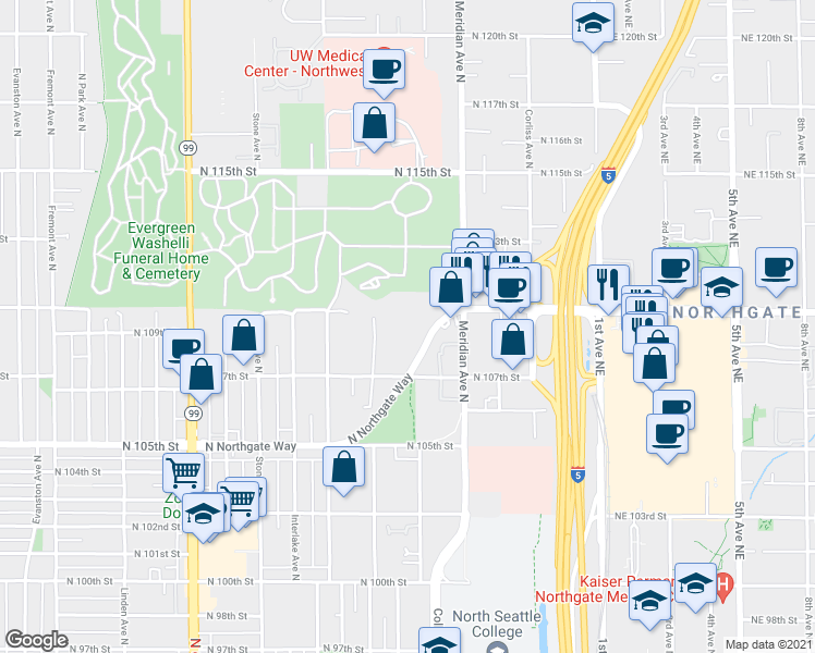 map of restaurants, bars, coffee shops, grocery stores, and more near 1811 North Northgate Way in Seattle