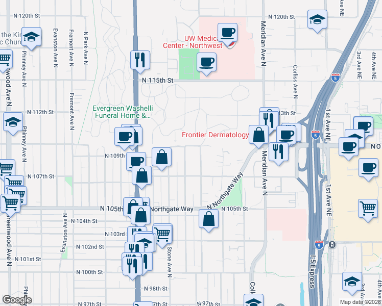 map of restaurants, bars, coffee shops, grocery stores, and more near in Seattle