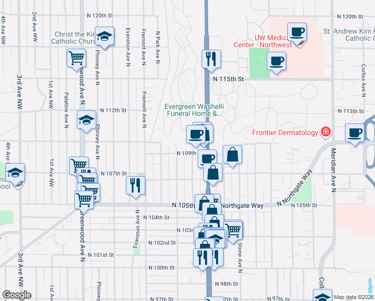 map of restaurants, bars, coffee shops, grocery stores, and more near 10730 Whitman Avenue North in Seattle
