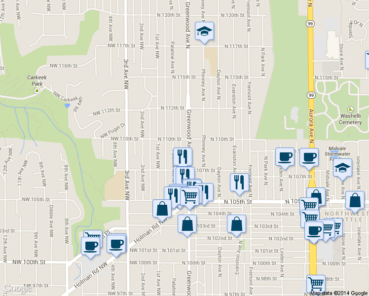 map of restaurants, bars, coffee shops, grocery stores, and more near 10722 Palatine Avenue North in Seattle
