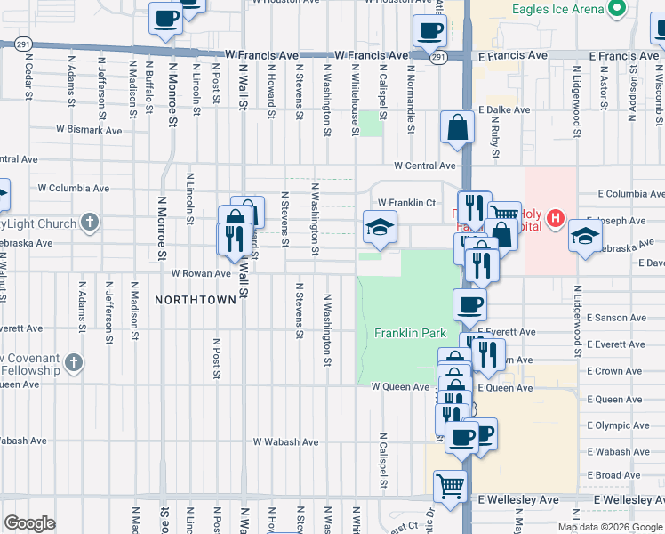 map of restaurants, bars, coffee shops, grocery stores, and more near 5413 North Whitehouse Street in Spokane