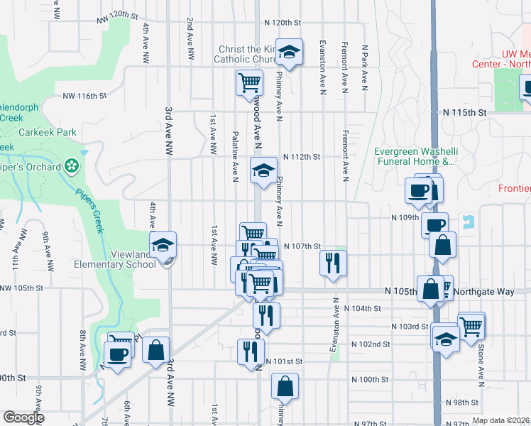 map of restaurants, bars, coffee shops, grocery stores, and more near 10744 Greenwood Avenue North in Seattle