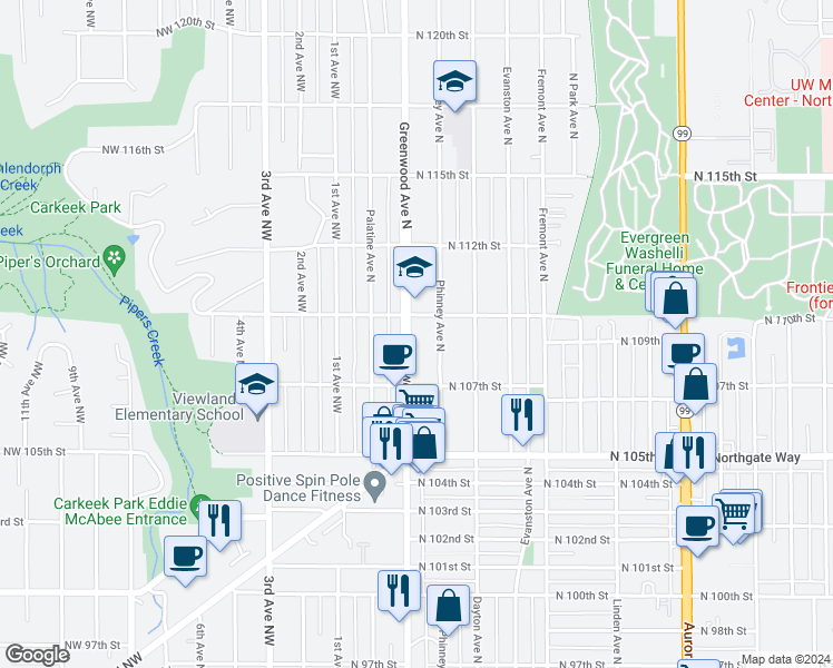 map of restaurants, bars, coffee shops, grocery stores, and more near 10744 Greenwood Avenue North in Seattle