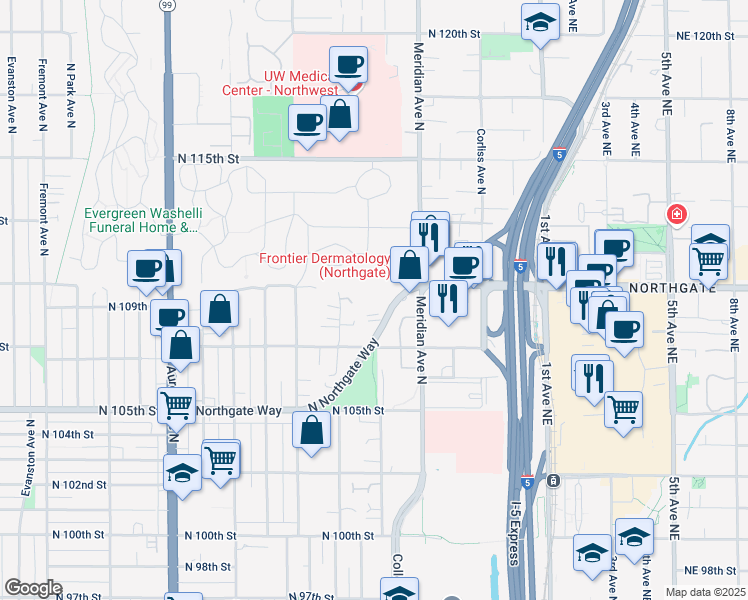 map of restaurants, bars, coffee shops, grocery stores, and more near 10755 Burke Avenue North in Seattle