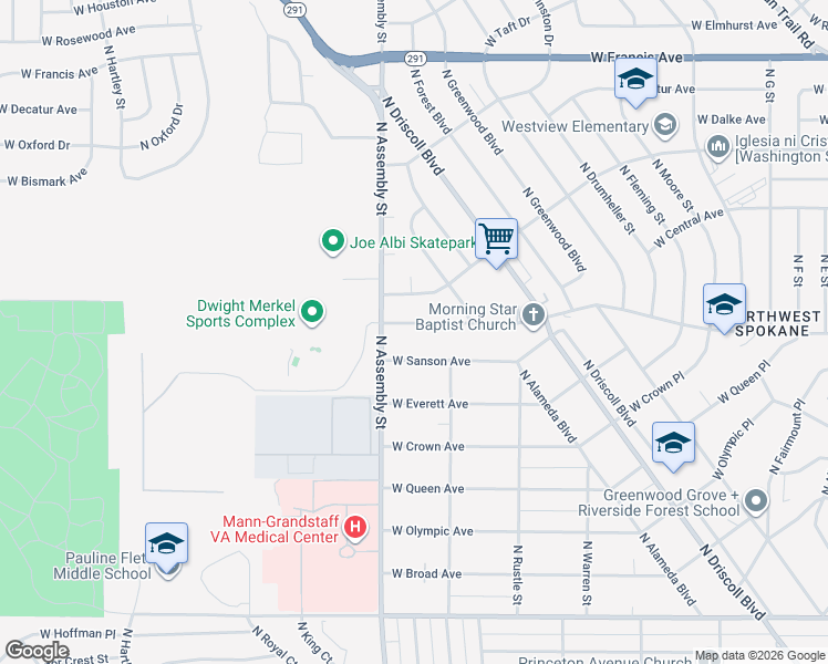 map of restaurants, bars, coffee shops, grocery stores, and more near 4228 West Sanson Avenue in Spokane