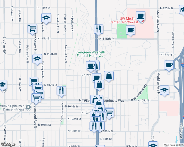 map of restaurants, bars, coffee shops, grocery stores, and more near 10730 Whitman Avenue North in Seattle