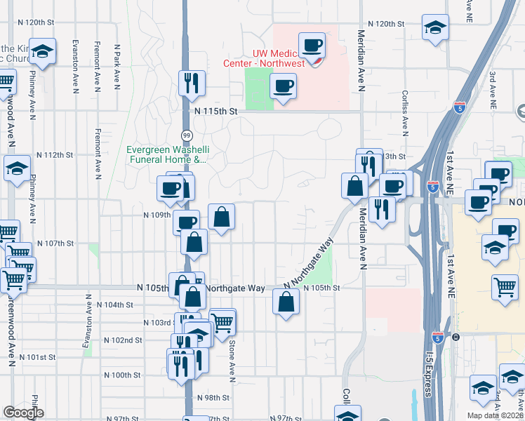map of restaurants, bars, coffee shops, grocery stores, and more near in Seattle