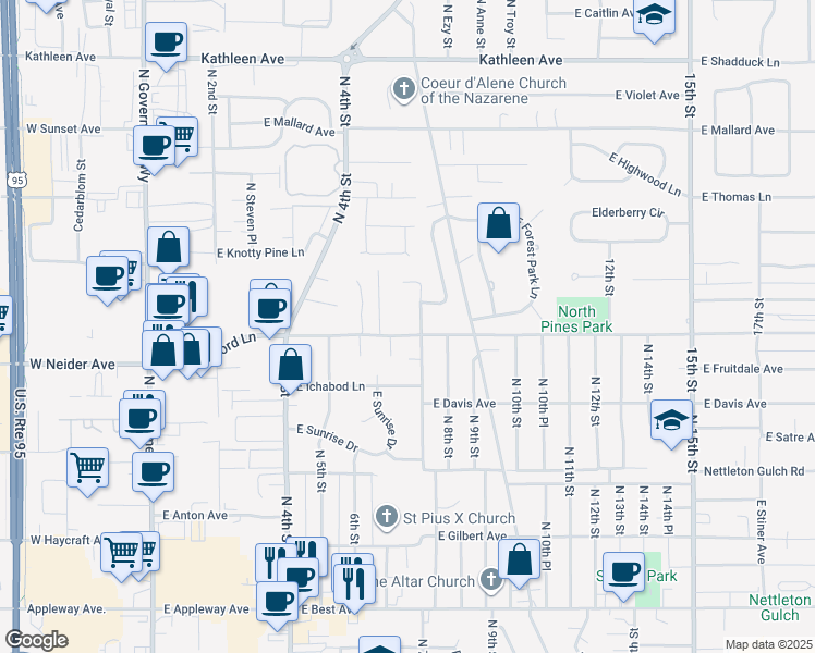 map of restaurants, bars, coffee shops, grocery stores, and more near 3314 North 6th Place in Coeur d'Alene