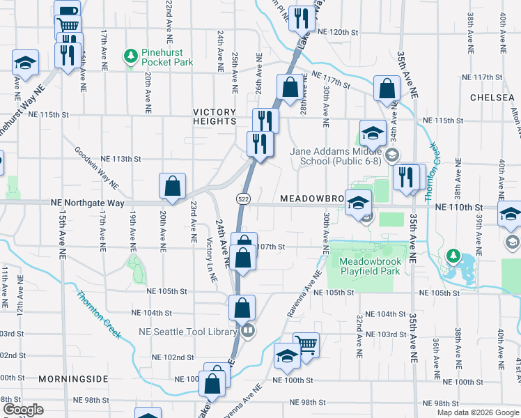 map of restaurants, bars, coffee shops, grocery stores, and more near 11015 27th Avenue Northeast in Seattle