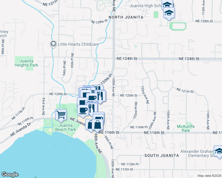 map of restaurants, bars, coffee shops, grocery stores, and more near 12019 100th Avenue Northeast in Kirkland