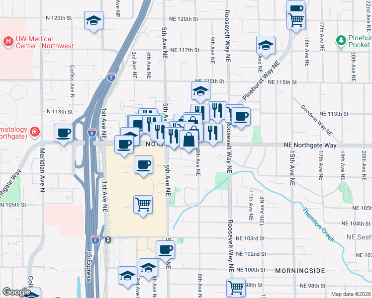 map of restaurants, bars, coffee shops, grocery stores, and more near 525 Northeast Northgate Way in Seattle