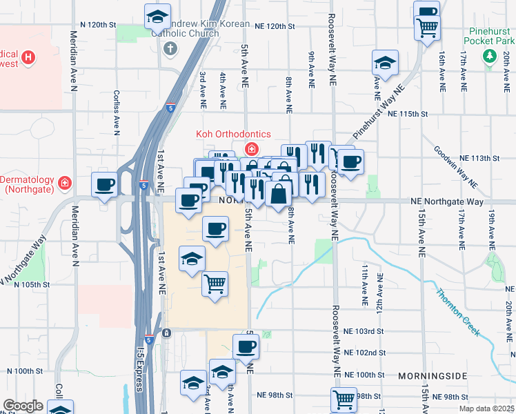 map of restaurants, bars, coffee shops, grocery stores, and more near 528 Northgate Mal in Seattle