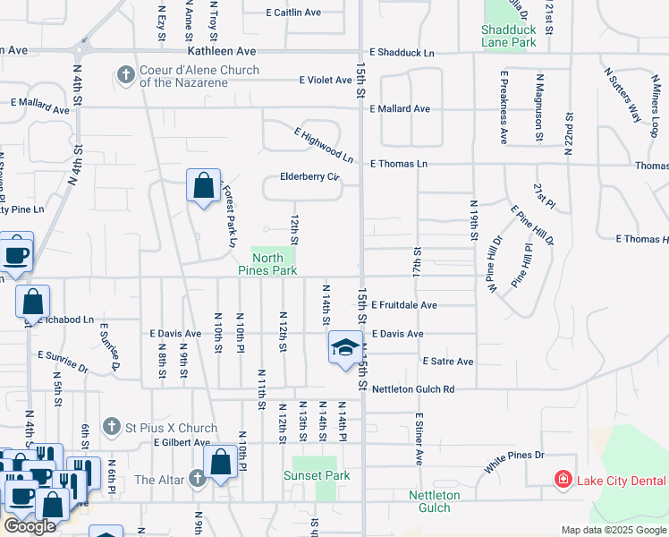 map of restaurants, bars, coffee shops, grocery stores, and more near 3511 North 15th Street in Coeur d'Alene