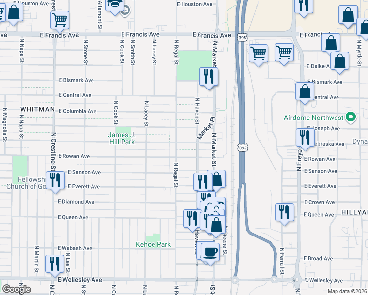 map of restaurants, bars, coffee shops, grocery stores, and more near 2911 East Nebraska Avenue in Spokane