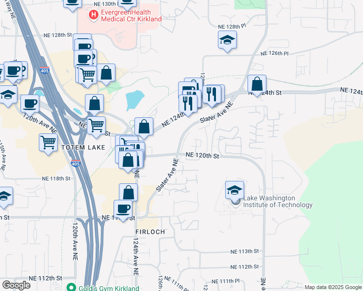map of restaurants, bars, coffee shops, grocery stores, and more near 12055 Slater Avenue Northeast in Kirkland