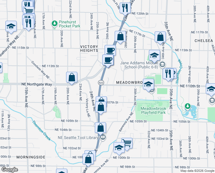 map of restaurants, bars, coffee shops, grocery stores, and more near 11033-11079 Lake City Way Northeast in Seattle