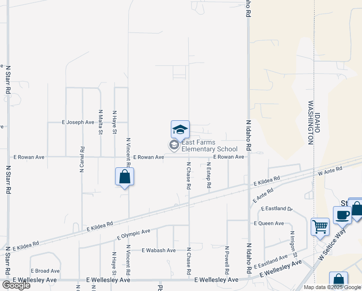 map of restaurants, bars, coffee shops, grocery stores, and more near 26203 East Rowan Avenue in Newman Lake
