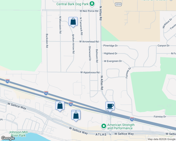 map of restaurants, bars, coffee shops, grocery stores, and more near 3409 Sherwood Drive in Coeur d'Alene
