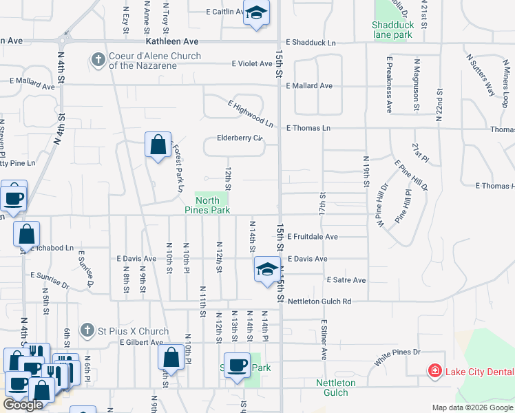 map of restaurants, bars, coffee shops, grocery stores, and more near 3511 North 15th Street in Coeur d'Alene