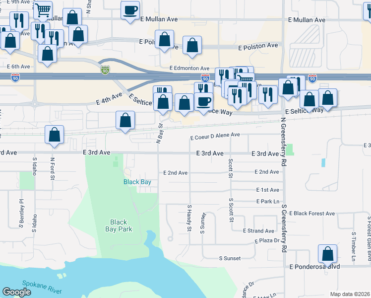 map of restaurants, bars, coffee shops, grocery stores, and more near 1604 East Coeur D Alene Avenue in Post Falls